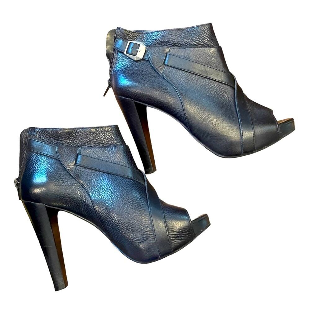 Fergie Ankle Boots Women 6.5 BRAVO Leather Buckle Zip Cone Heel Peep Toe Black